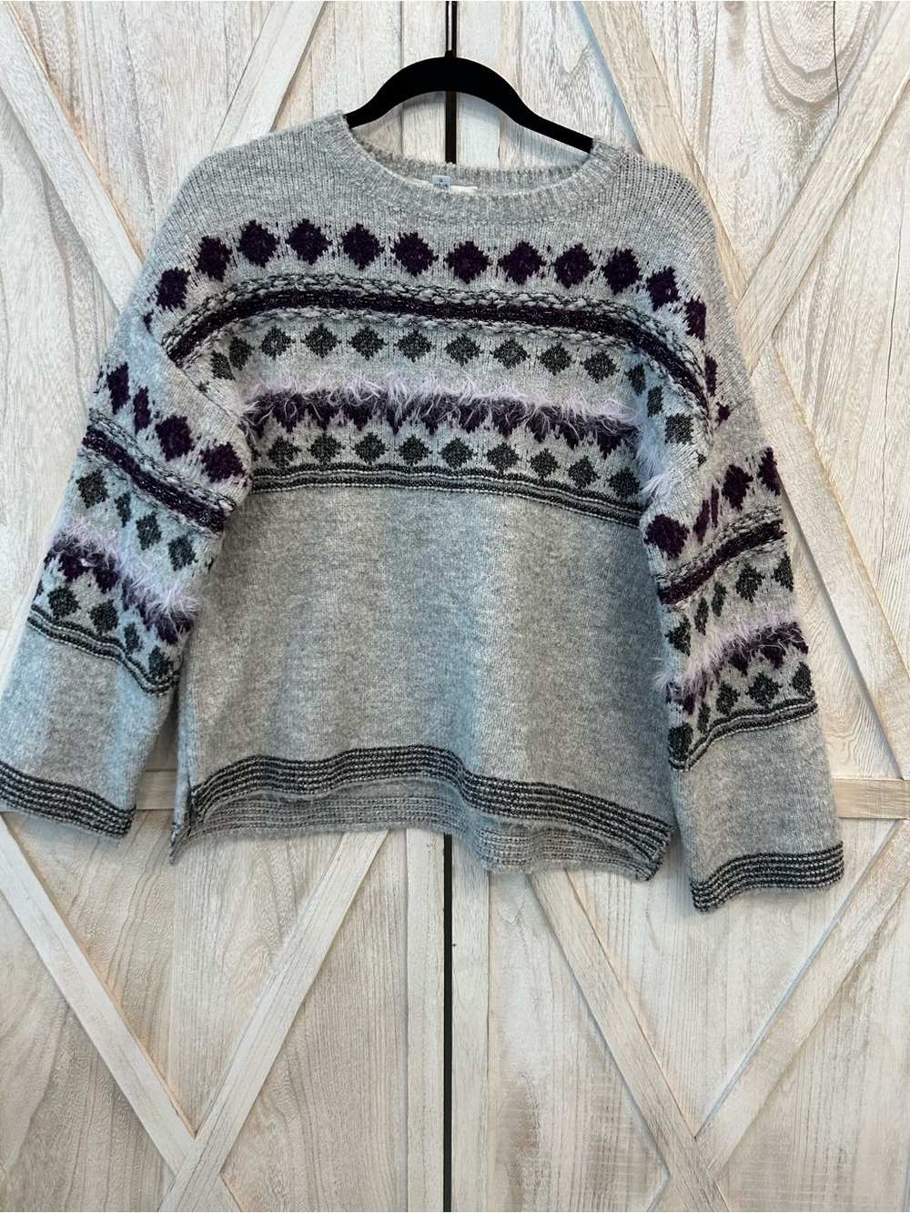 Time and Tru Gray Fair Isle Crewneck Sweater with Purple Accents